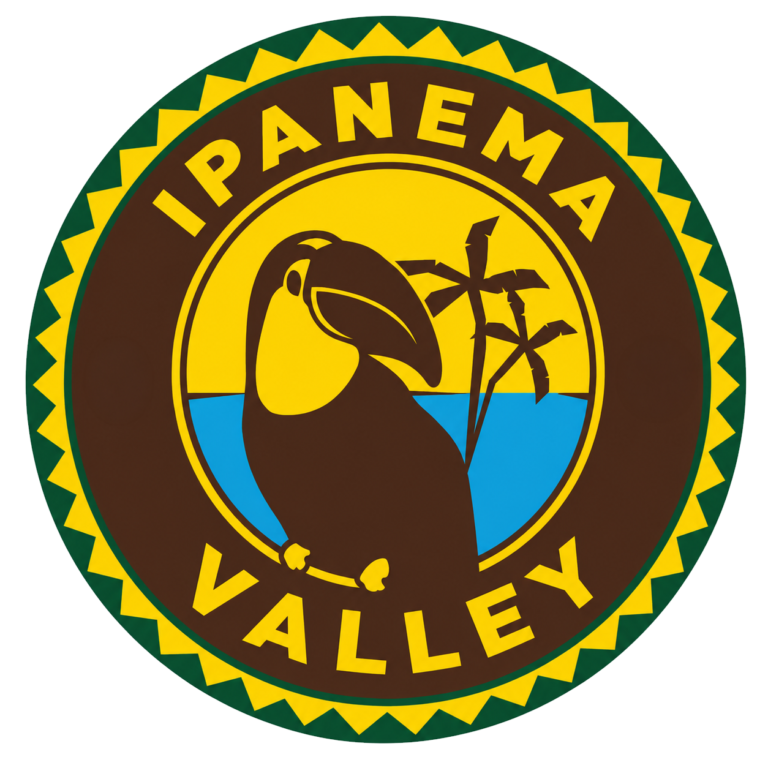 Circular logo featuring a toucan in front of a yellow sky and blue water with palm trees, bordered by brown, a green outer ring, and yellow edge; text around the rim reads the brand name.